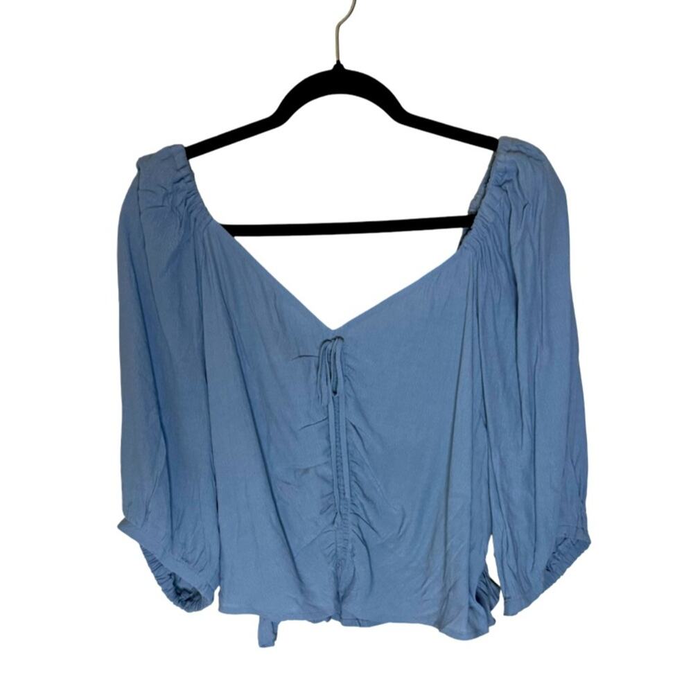 Open Edit Tie Front Puff Sleeve Blouse - Blue Chambray Size 2X